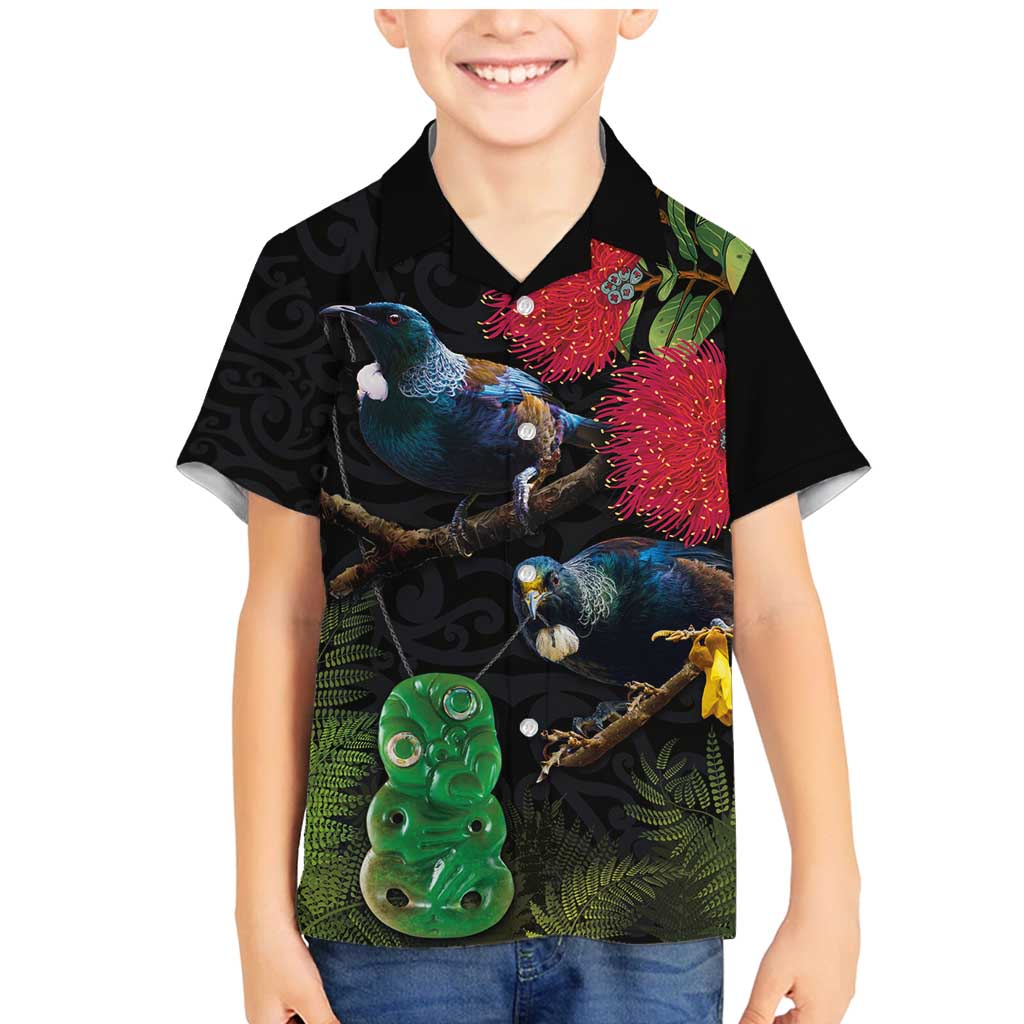 New Zealand Tui Family Matching Mermaid Dress and Hawaiian Shirt Guardians of the Hei Tiki - Maori Art and Plants LT03 Son's Shirt Black - Polynesian Pride