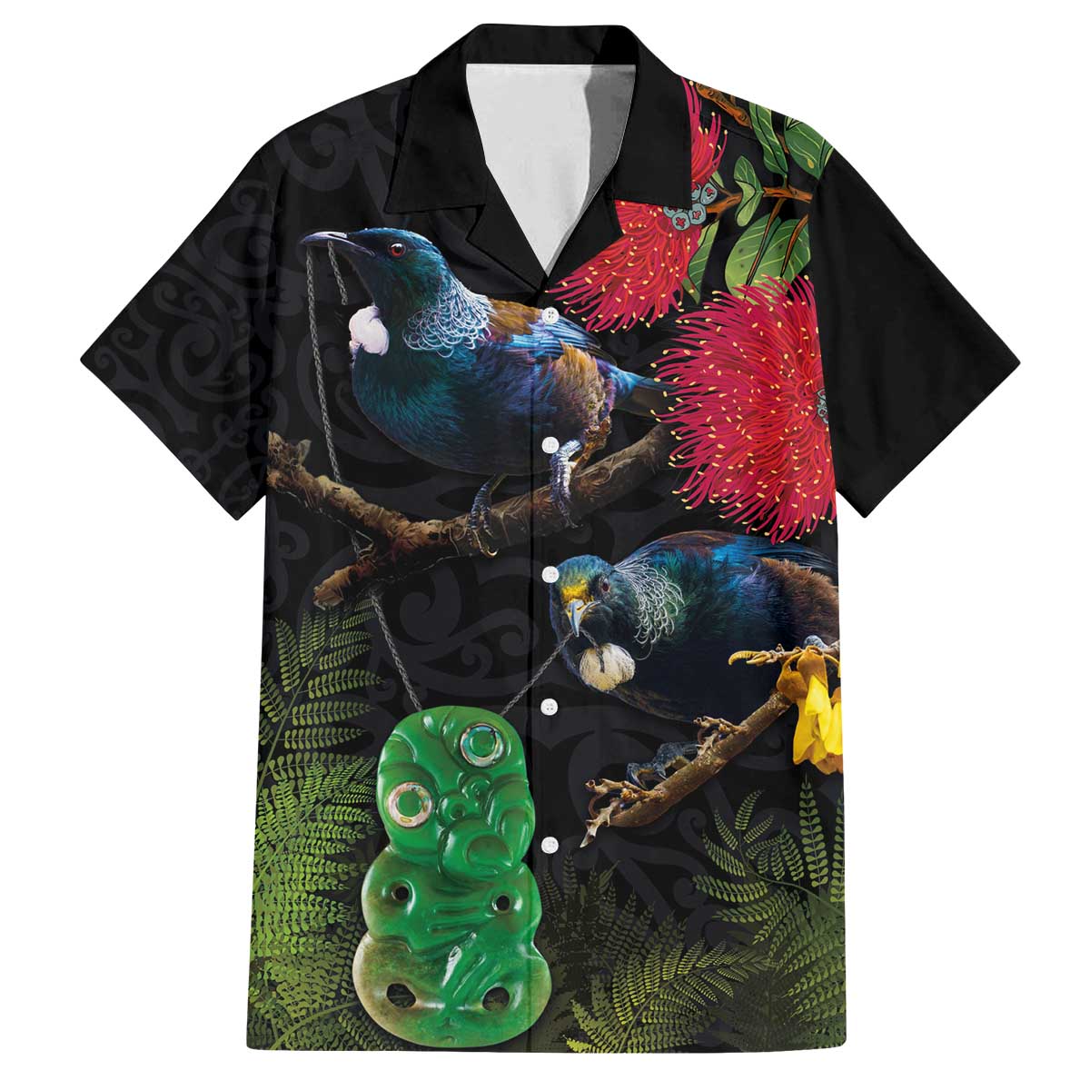 New Zealand Tui Family Matching Off The Shoulder Long Sleeve Dress and Hawaiian Shirt Guardians of the Hei Tiki - Maori Art and Plants LT03 Dad's Shirt - Short Sleeve Black - Polynesian Pride