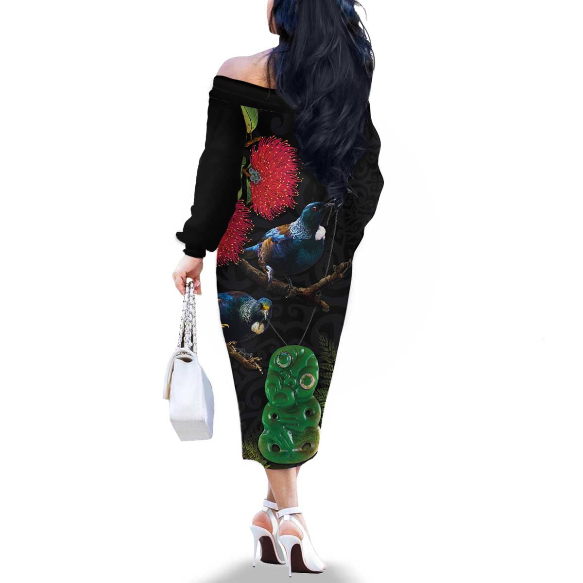 New Zealand Tui Family Matching Off The Shoulder Long Sleeve Dress and Hawaiian Shirt Guardians of the Hei Tiki - Maori Art and Plants LT03 - Polynesian Pride