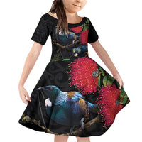 New Zealand Tui Family Matching Off Shoulder Short Dress and Hawaiian Shirt Guardians of the Hei Tiki - Maori Art and Plants LT03 Daughter's Dress Black - Polynesian Pride
