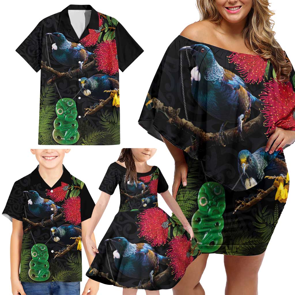 New Zealand Tui Family Matching Off Shoulder Short Dress and Hawaiian Shirt Guardians of the Hei Tiki - Maori Art and Plants LT03 - Polynesian Pride