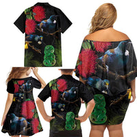 New Zealand Tui Family Matching Off Shoulder Short Dress and Hawaiian Shirt Guardians of the Hei Tiki - Maori Art and Plants LT03 - Polynesian Pride