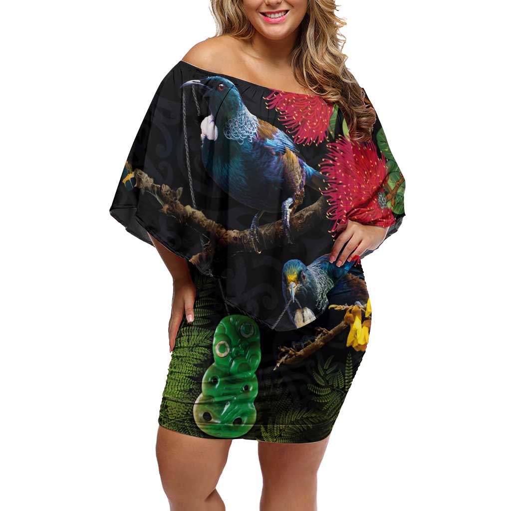 New Zealand Tui Family Matching Off Shoulder Short Dress and Hawaiian Shirt Guardians of the Hei Tiki - Maori Art and Plants LT03 Mom's Dress Black - Polynesian Pride