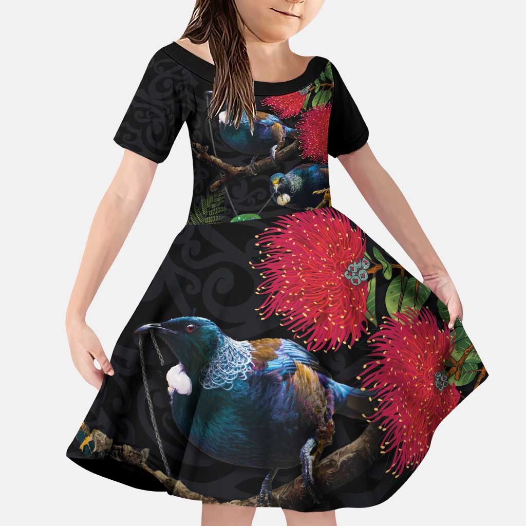 New Zealand Tui Family Matching Puletasi and Hawaiian Shirt Guardians of the Hei Tiki - Maori Art and Plants LT03 Daughter's Dress Black - Polynesian Pride