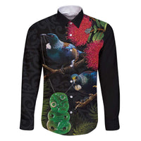 New Zealand Tui Family Matching Puletasi and Hawaiian Shirt Guardians of the Hei Tiki - Maori Art and Plants LT03 Dad's Shirt - Long Sleeve Black - Polynesian Pride