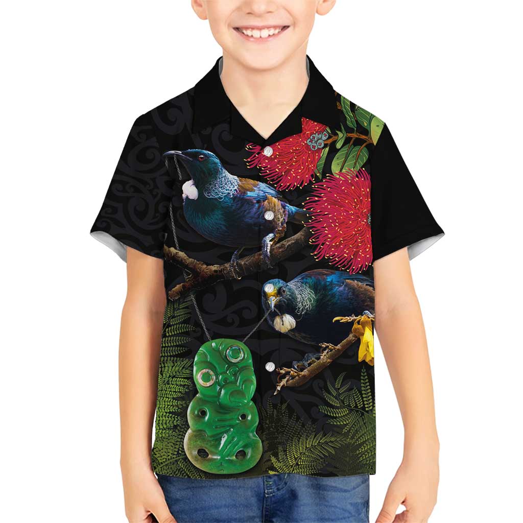 New Zealand Tui Family Matching Summer Maxi Dress and Hawaiian Shirt Guardians of the Hei Tiki - Maori Art and Plants LT03 Son's Shirt Black - Polynesian Pride