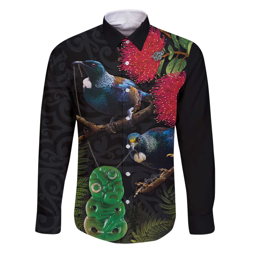 New Zealand Tui Family Matching Tank Maxi Dress and Hawaiian Shirt Guardians of the Hei Tiki - Maori Art and Plants LT03 Dad's Shirt - Long Sleeve Black - Polynesian Pride