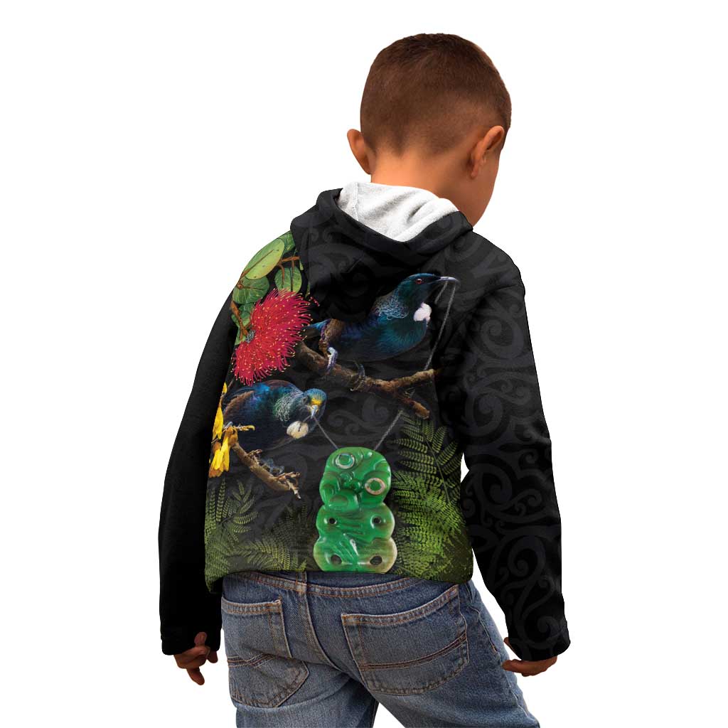 New Zealand Tui Kid Hoodie Guardians of the Hei Tiki - Maori Art and Plants LT03 - Polynesian Pride