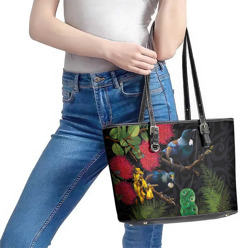 New Zealand Tui Leather Tote Bag Guardians of the Hei Tiki - Maori Art and Plants LT03 - Polynesian Pride
