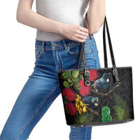 New Zealand Tui Leather Tote Bag Guardians of the Hei Tiki - Maori Art and Plants LT03 - Polynesian Pride