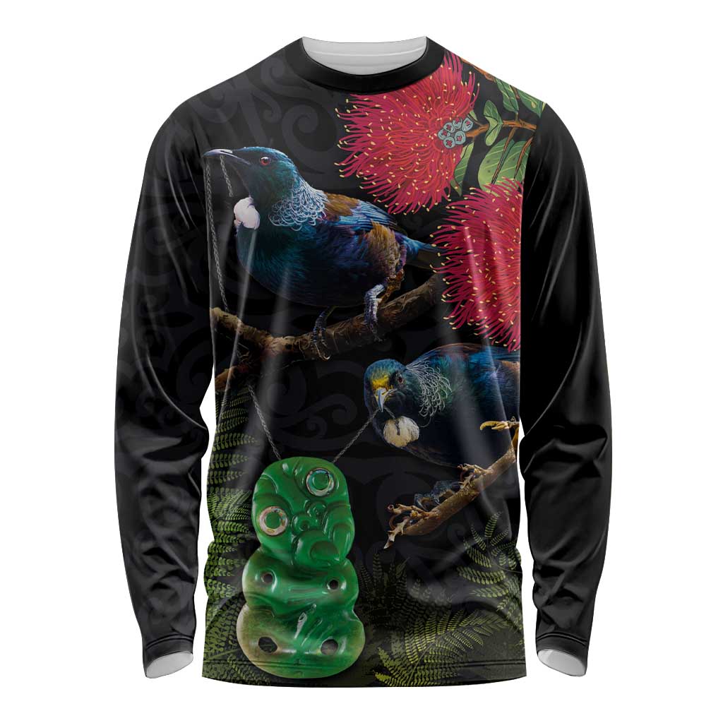 New Zealand Tui Long Sleeve Shirt Guardians of the Hei Tiki - Maori Art and Plants LT03 Unisex Black - Polynesian Pride