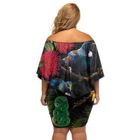 New Zealand Tui Off Shoulder Short Dress Guardians of the Hei Tiki - Maori Art and Plants LT03 - Polynesian Pride