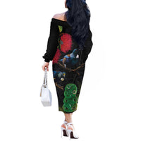 New Zealand Tui Off The Shoulder Long Sleeve Dress Guardians of the Hei Tiki - Maori Art and Plants LT03 - Polynesian Pride