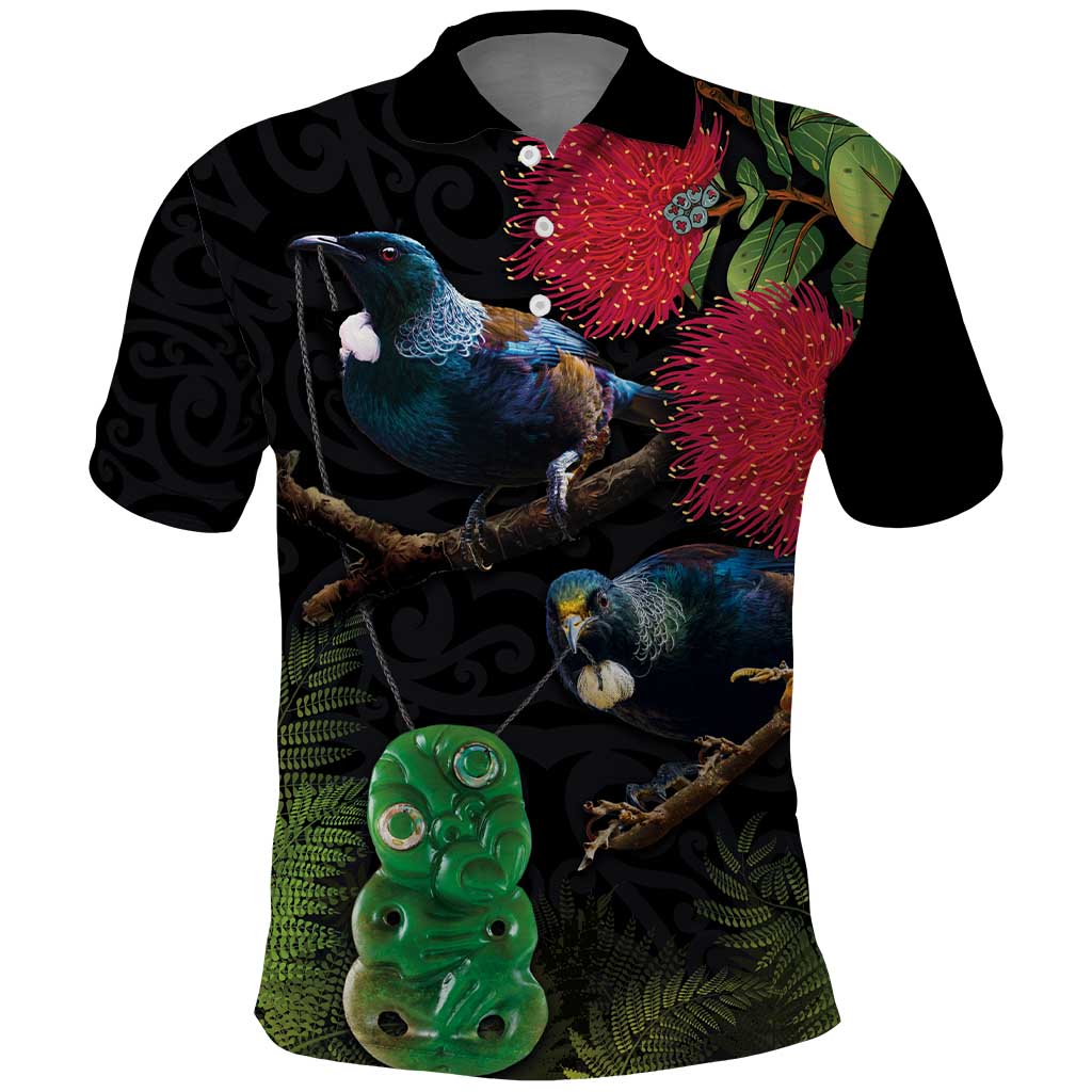 New Zealand Tui Polo Shirt Guardians of the Hei Tiki - Maori Art and Plants LT03 Black - Polynesian Pride