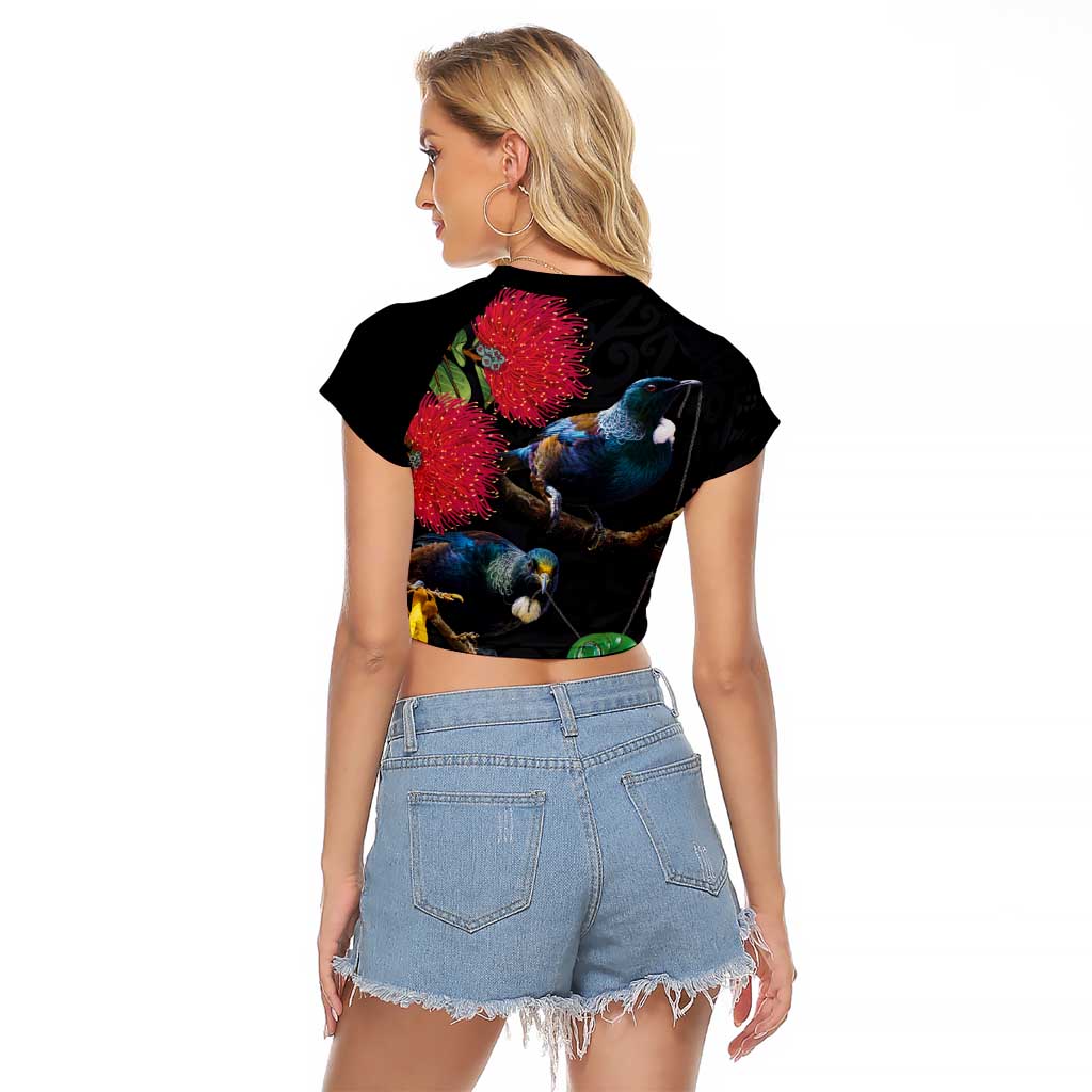 New Zealand Tui Raglan Cropped T Shirt Guardians of the Hei Tiki - Maori Art and Plants LT03 - Polynesian Pride