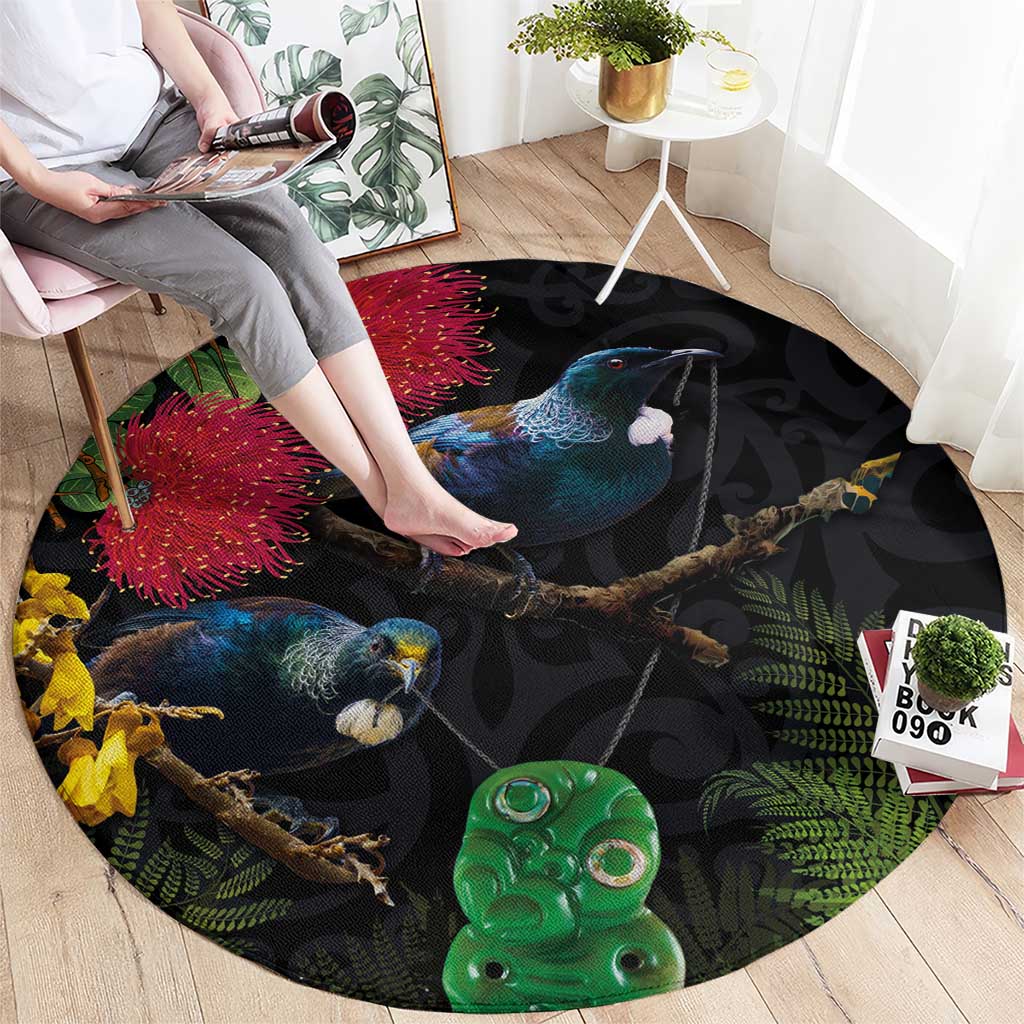 New Zealand Tui Round Carpet Guardians of the Hei Tiki - Maori Art and Plants LT03 - Polynesian Pride