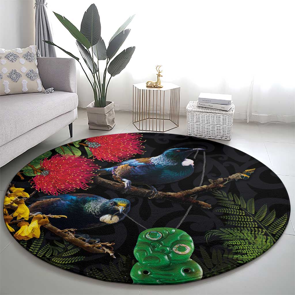 New Zealand Tui Round Carpet Guardians of the Hei Tiki - Maori Art and Plants LT03 - Polynesian Pride