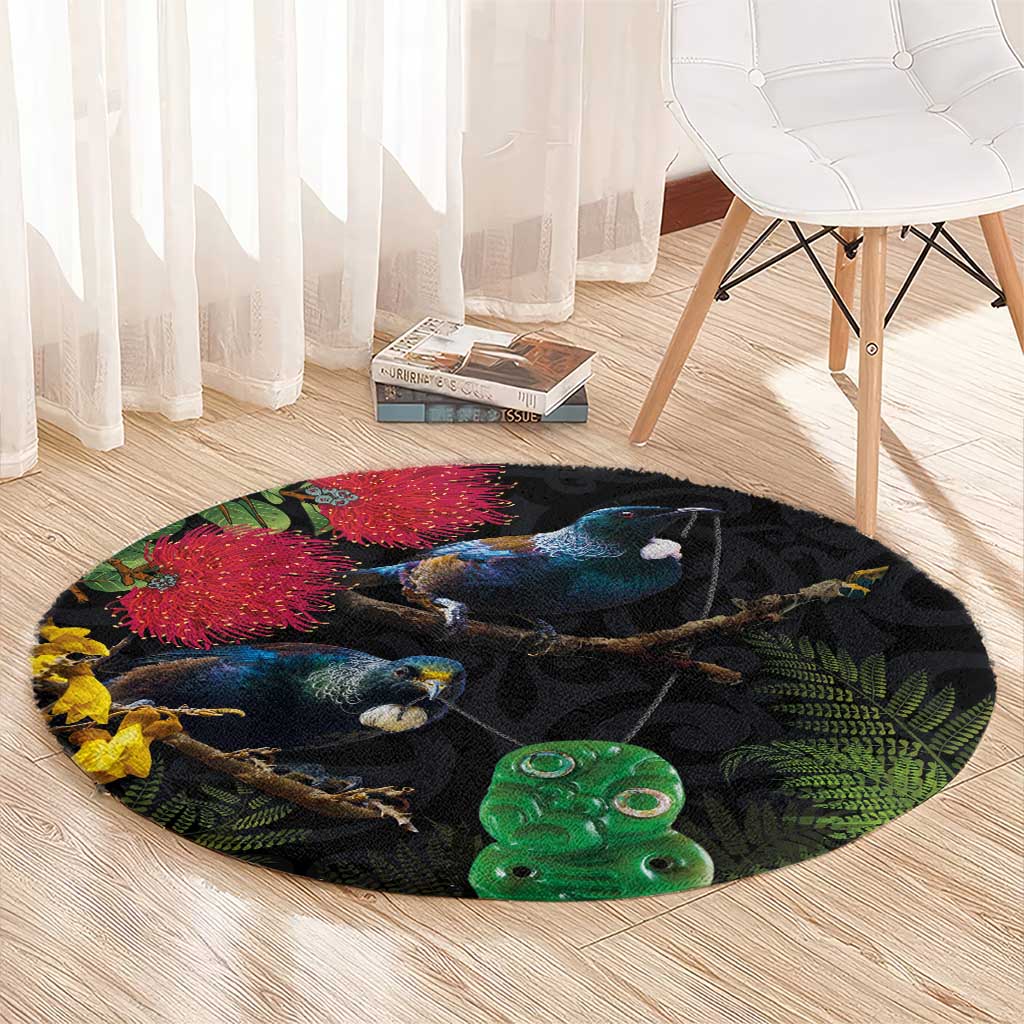 New Zealand Tui Round Carpet Guardians of the Hei Tiki - Maori Art and Plants LT03 - Polynesian Pride