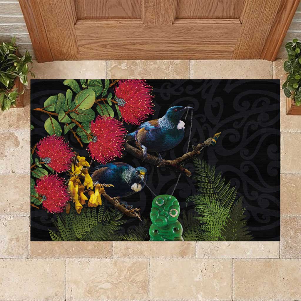 New Zealand Tui Rubber Doormat Guardians of the Hei Tiki - Maori Art and Plants LT03 Black - Polynesian Pride