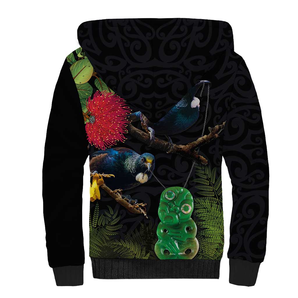 New Zealand Tui Sherpa Hoodie Guardians of the Hei Tiki - Maori Art and Plants LT03 - Polynesian Pride