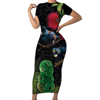 New Zealand Tui Short Sleeve Bodycon Dress Guardians of the Hei Tiki - Maori Art and Plants LT03 Long Dress Black - Polynesian Pride