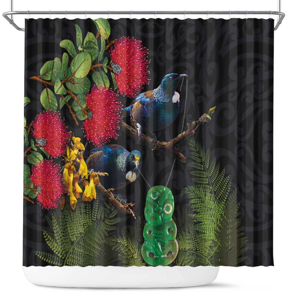 New Zealand Tui Shower Curtain Guardians of the Hei Tiki - Maori Art and Plants LT03 Black - Polynesian Pride