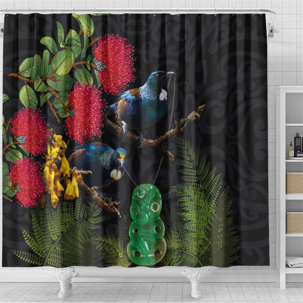 New Zealand Tui Shower Curtain Guardians of the Hei Tiki - Maori Art and Plants LT03 - Polynesian Pride