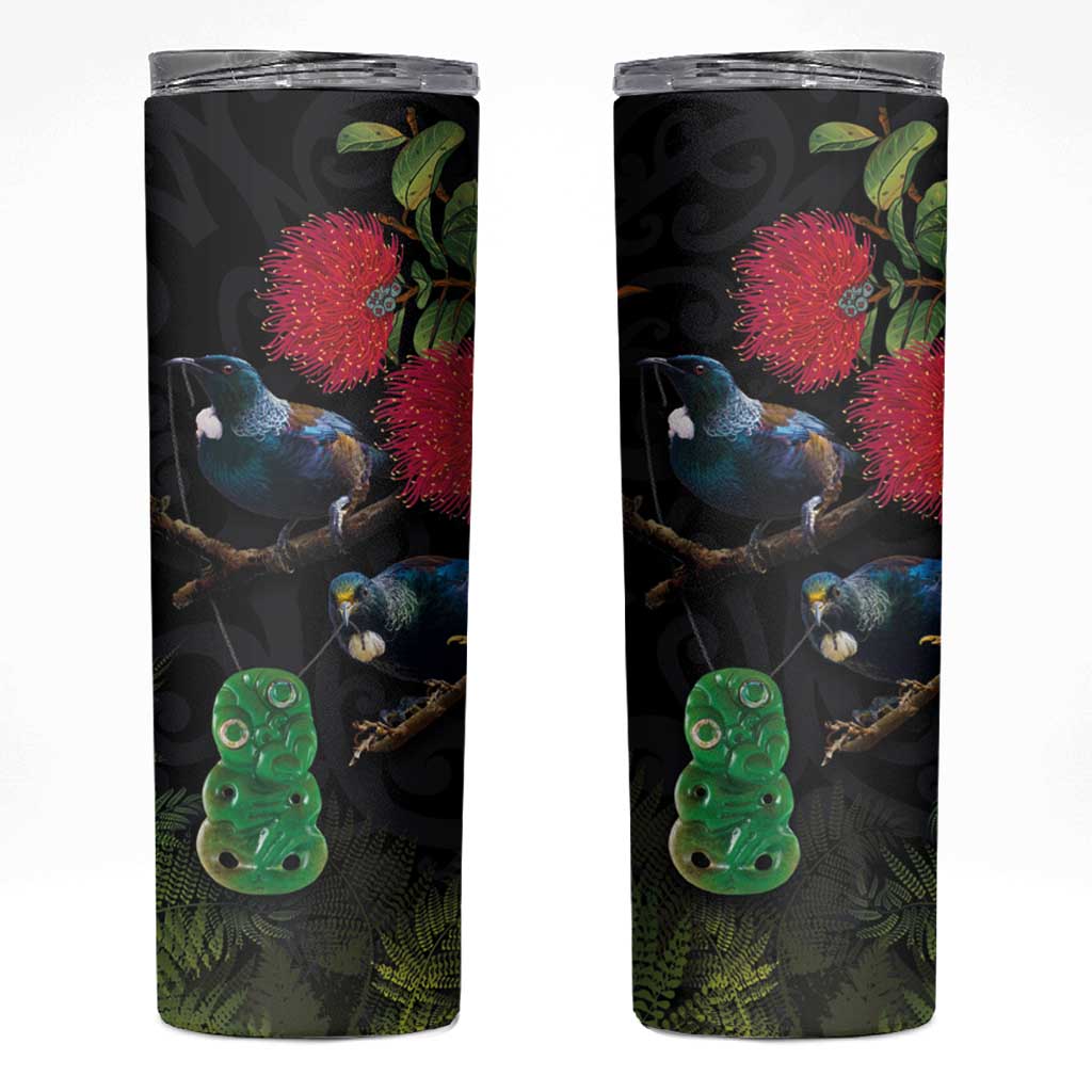 New Zealand Tui Skinny Tumbler Guardians of the Hei Tiki - Maori Art and Plants LT03 Black - Polynesian Pride