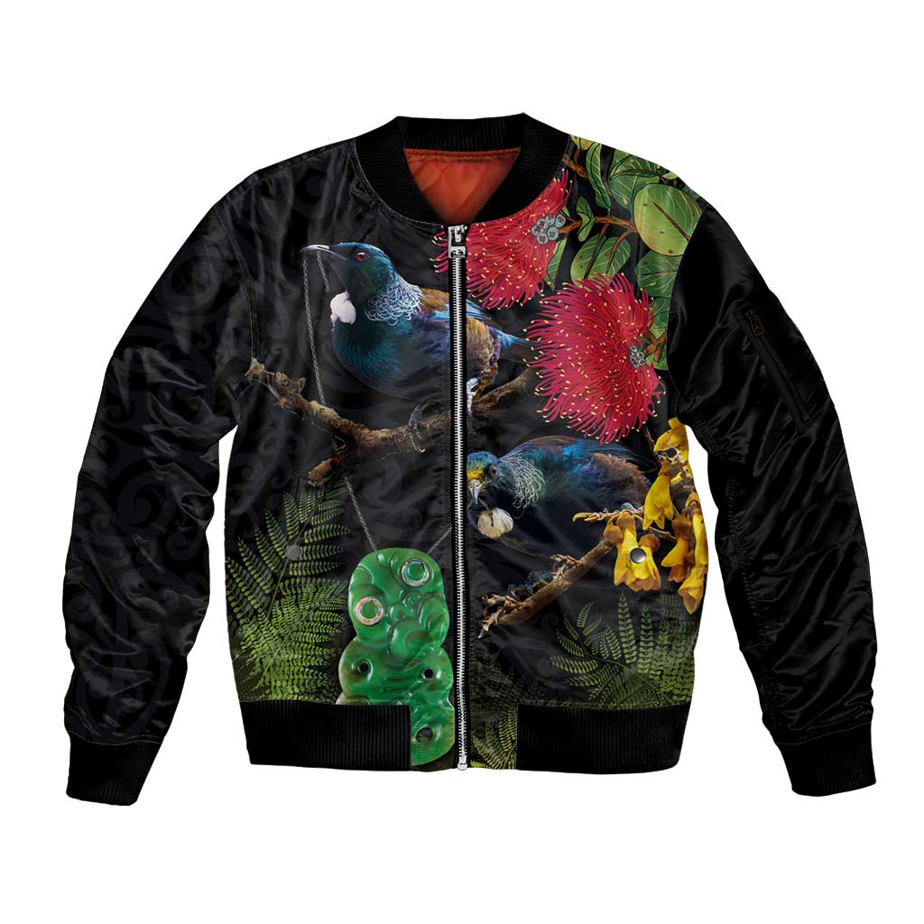 New Zealand Tui Sleeve Zip Bomber Jacket Guardians of the Hei Tiki - Maori Art and Plants LT03 Unisex Black - Polynesian Pride