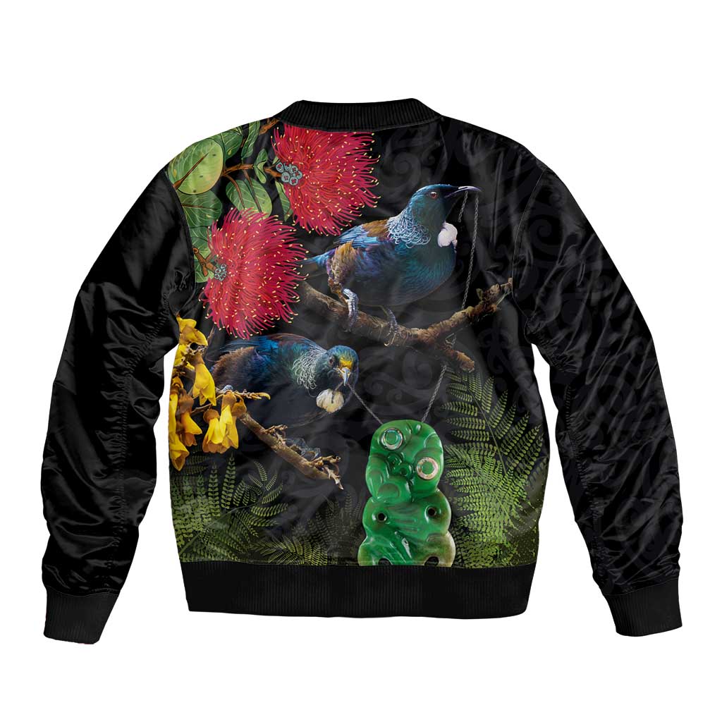 New Zealand Tui Sleeve Zip Bomber Jacket Guardians of the Hei Tiki - Maori Art and Plants LT03 - Polynesian Pride