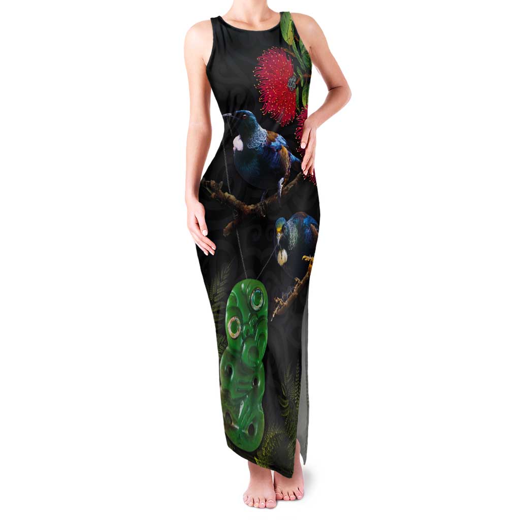 New Zealand Tui Tank Maxi Dress Guardians of the Hei Tiki - Maori Art and Plants LT03 Women Black - Polynesian Pride
