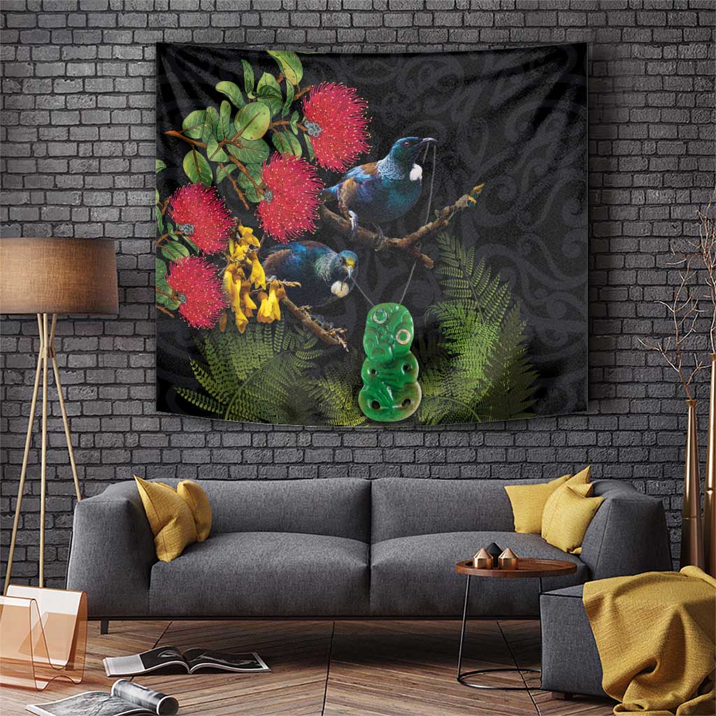 New Zealand Tui Tapestry Guardians of the Hei Tiki - Maori Art and Plants LT03 Black - Polynesian Pride