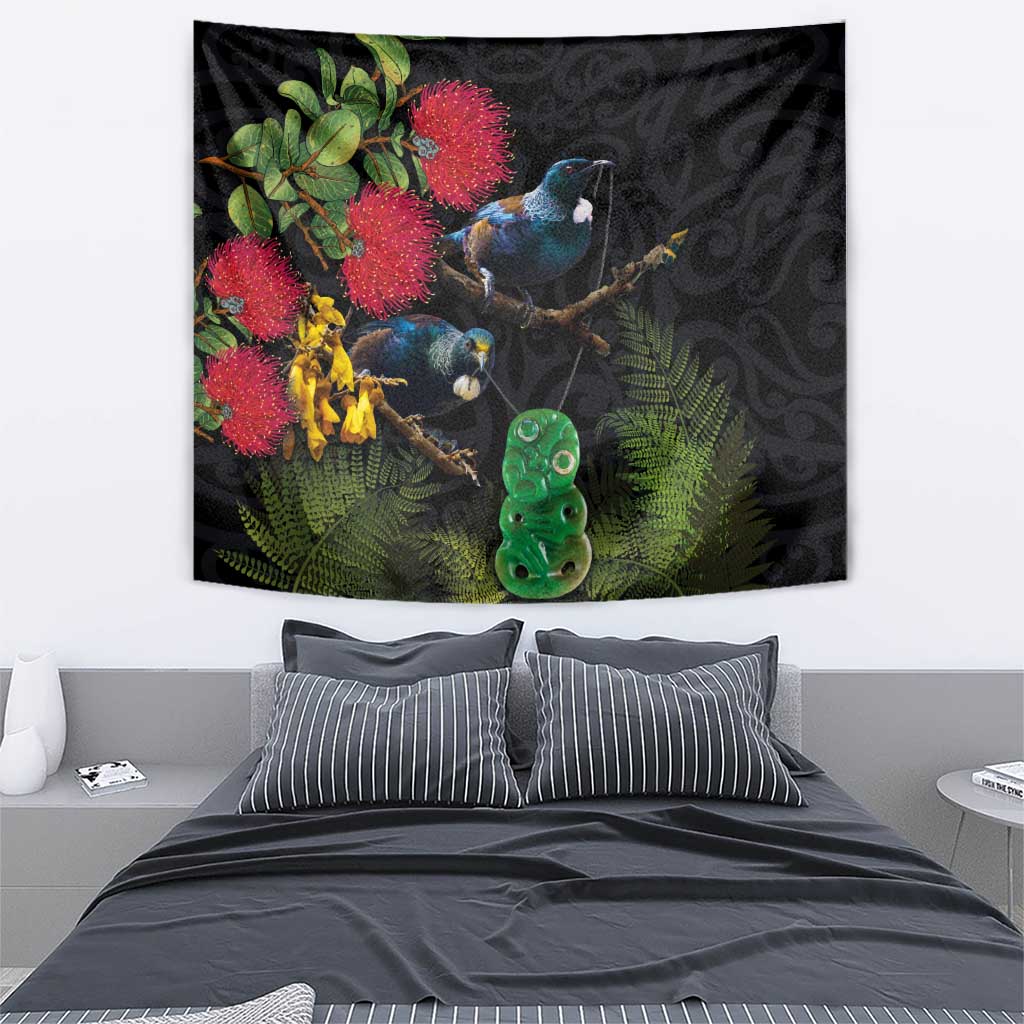 New Zealand Tui Tapestry Guardians of the Hei Tiki - Maori Art and Plants LT03 - Polynesian Pride