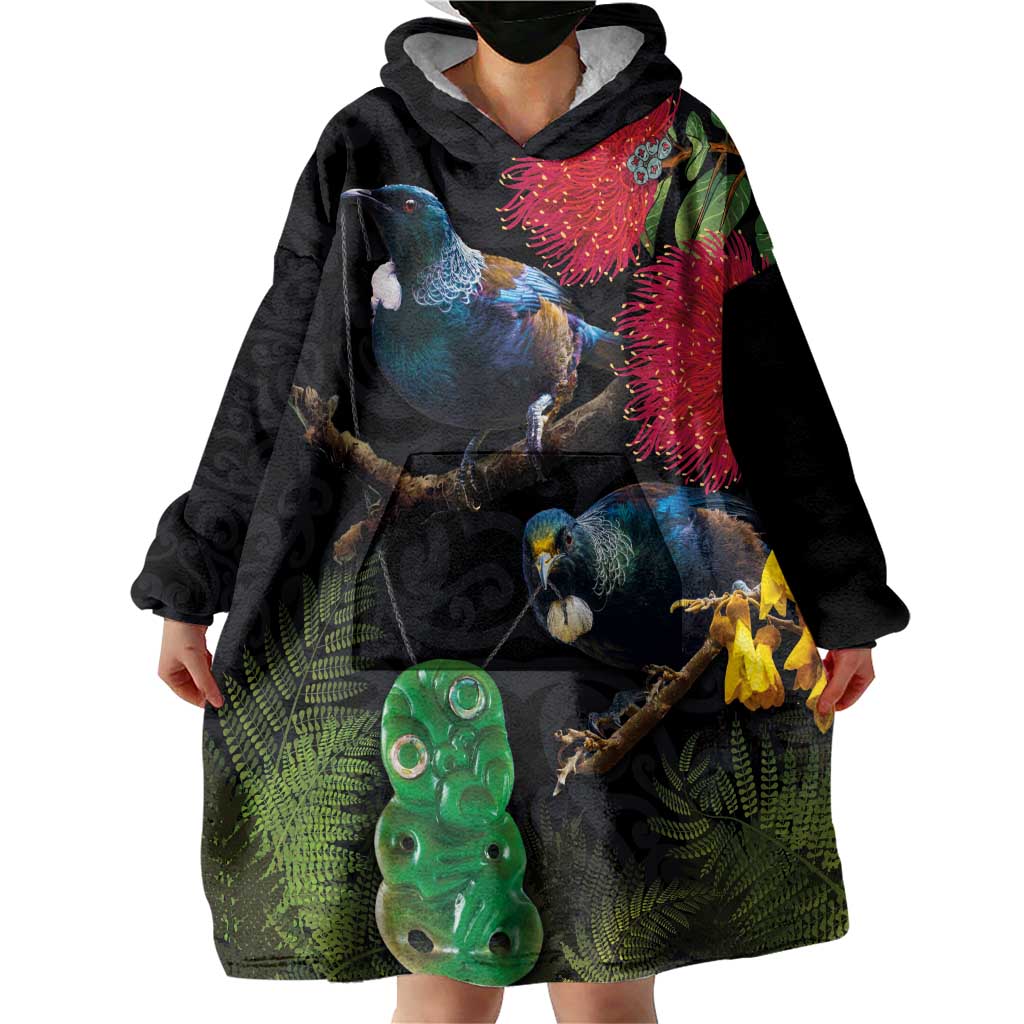 New Zealand Tui Wearable Blanket Hoodie Guardians of the Hei Tiki - Maori Art and Plants LT03 - Polynesian Pride