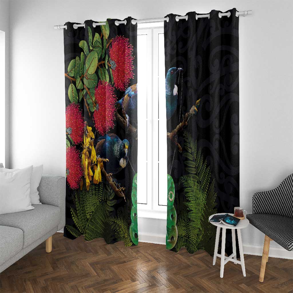 New Zealand Tui Window Curtain Guardians of the Hei Tiki - Maori Art and Plants LT03 With Grommets Black - Polynesian Pride