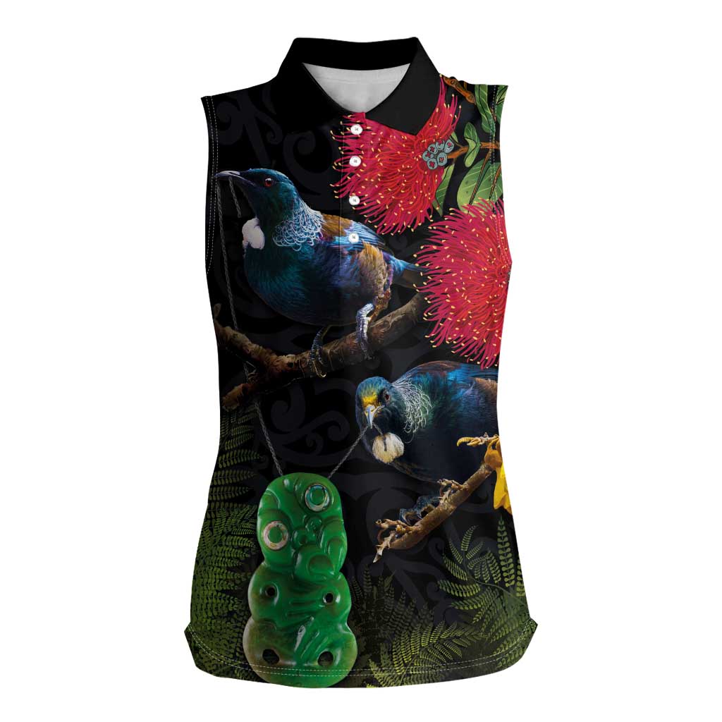 New Zealand Tui Women Sleeveless Polo Shirt Guardians of the Hei Tiki - Maori Art and Plants LT03 Female Black - Polynesian Pride
