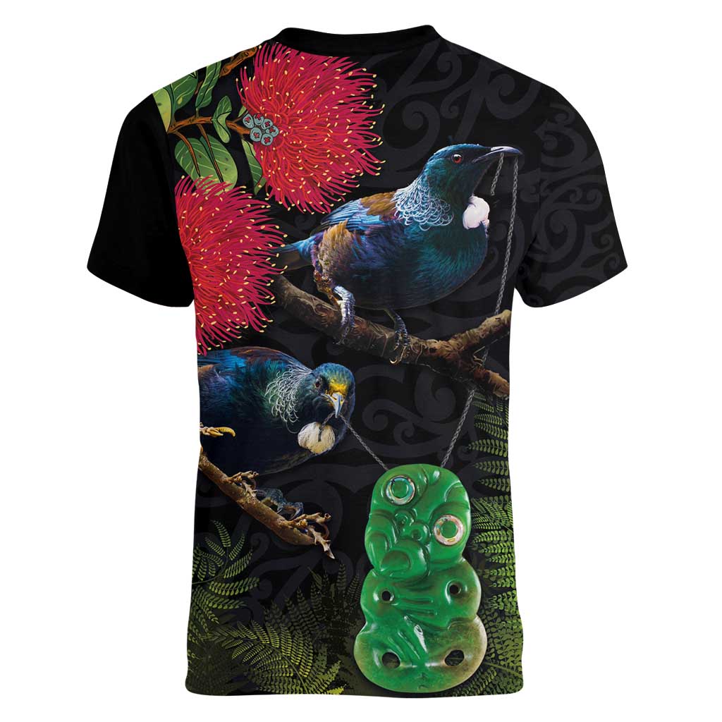 New Zealand Tui Women V-Neck T-Shirt Guardians of the Hei Tiki - Maori Art and Plants LT03 - Polynesian Pride