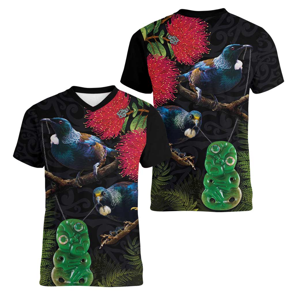 New Zealand Tui Women V-Neck T-Shirt Guardians of the Hei Tiki - Maori Art and Plants LT03 - Polynesian Pride
