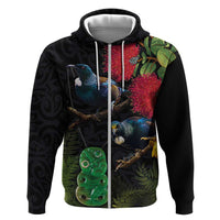 New Zealand Tui Zip Hoodie Guardians of the Hei Tiki - Maori Art and Plants LT03 Zip Hoodie Black - Polynesian Pride
