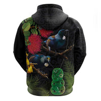 New Zealand Tui Zip Hoodie Guardians of the Hei Tiki - Maori Art and Plants LT03 - Polynesian Pride