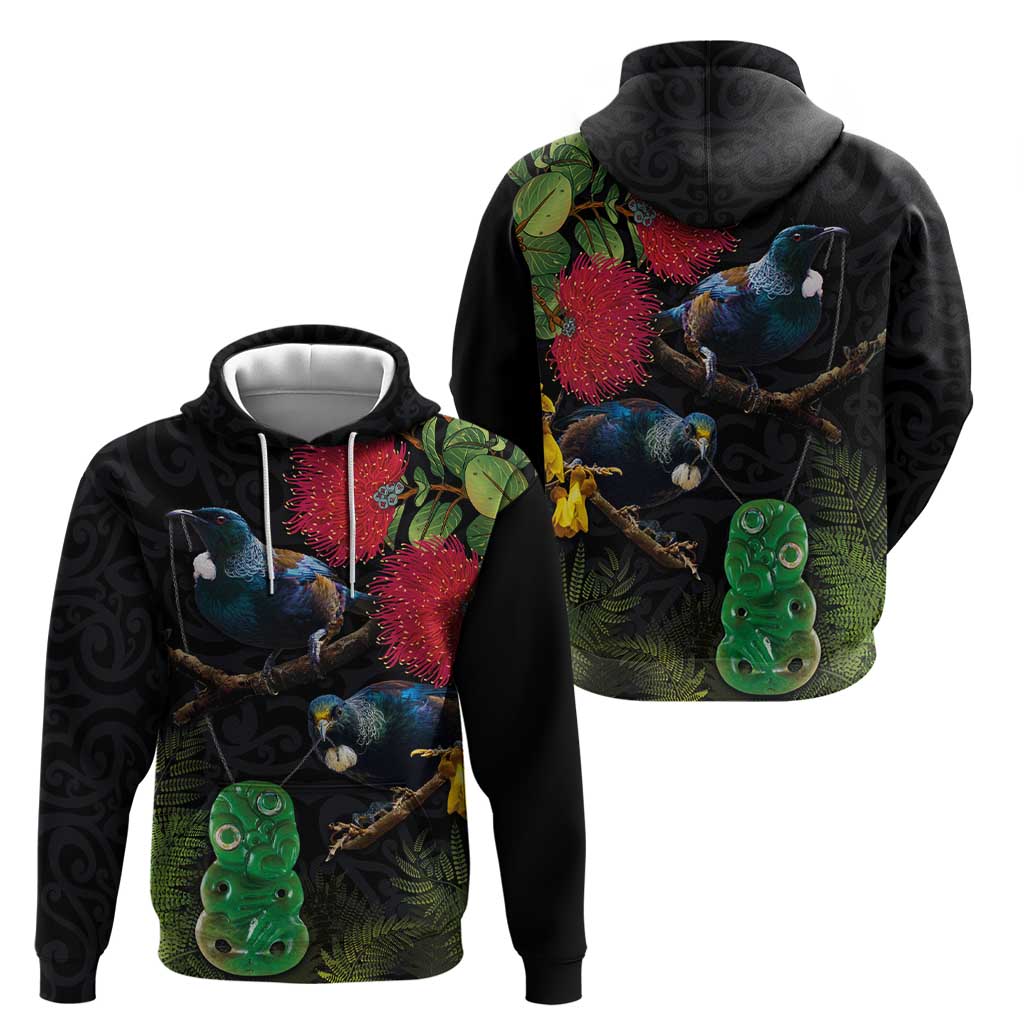 New Zealand Tui Zip Hoodie Guardians of the Hei Tiki - Maori Art and Plants LT03 - Polynesian Pride