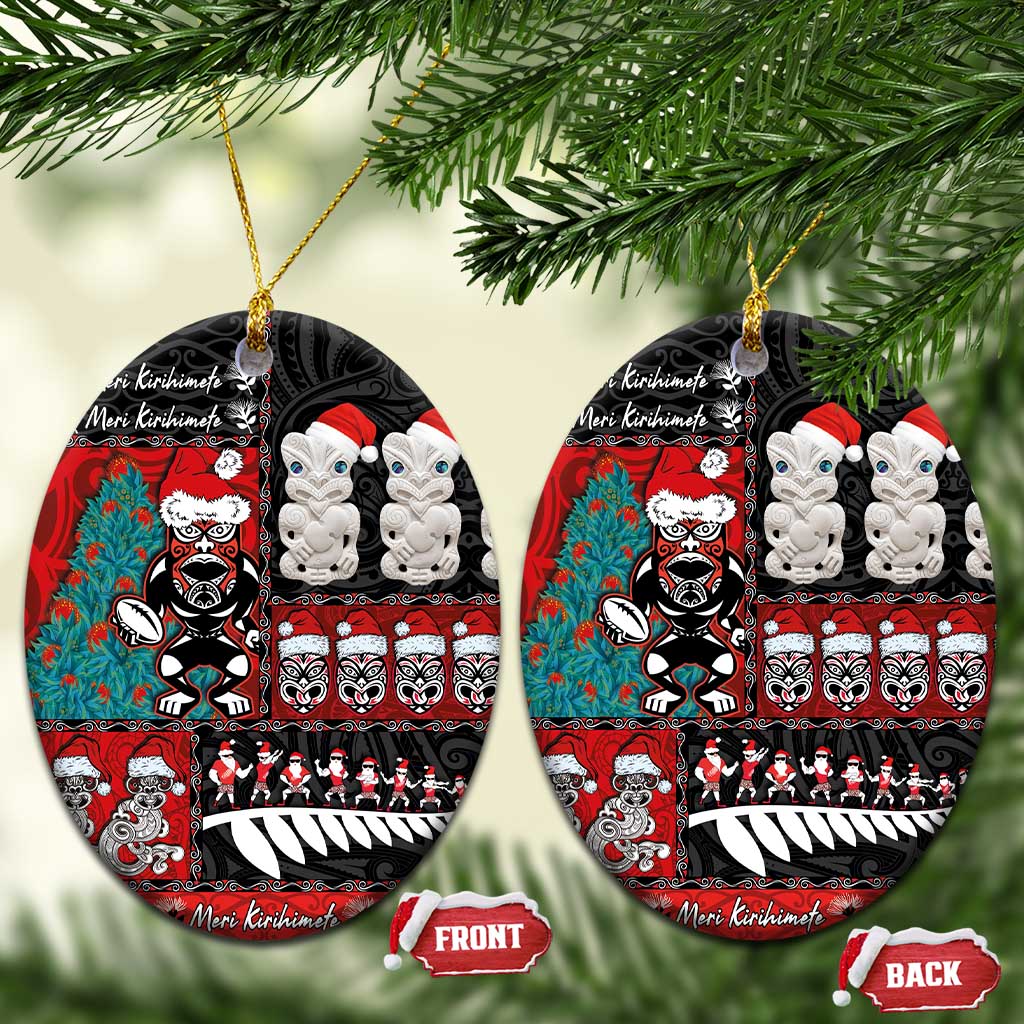 New Zealand Christmas Ceramic Ornament Maori Christmas Spirit - Meri Kirihimete LT03 Oval Black - Polynesian Pride
