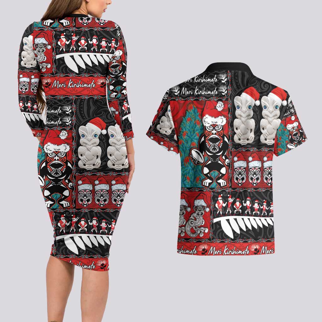 New Zealand Christmas Couples Matching Long Sleeve Bodycon Dress and Hawaiian Shirt Maori Christmas Spirit - Meri Kirihimete LT03 - Polynesian Pride