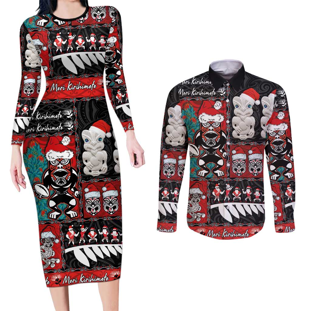 New Zealand Christmas Couples Matching Long Sleeve Bodycon Dress and Long Sleeve Button Shirt Maori Christmas Spirit - Meri Kirihimete LT03 Black - Polynesian Pride