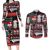 New Zealand Christmas Couples Matching Long Sleeve Bodycon Dress and Long Sleeve Button Shirt Maori Christmas Spirit - Meri Kirihimete LT03 Black - Polynesian Pride