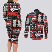 New Zealand Christmas Couples Matching Long Sleeve Bodycon Dress and Long Sleeve Button Shirt Maori Christmas Spirit - Meri Kirihimete LT03 - Polynesian Pride