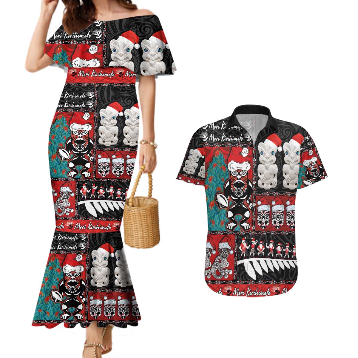 New Zealand Christmas Couples Matching Mermaid Dress and Hawaiian Shirt Maori Christmas Spirit - Meri Kirihimete LT03 Black - Polynesian Pride