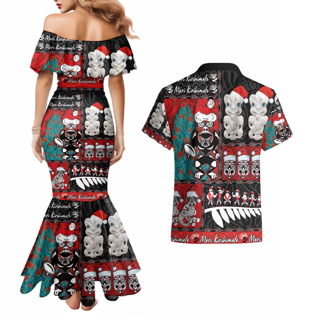 New Zealand Christmas Couples Matching Mermaid Dress and Hawaiian Shirt Maori Christmas Spirit - Meri Kirihimete LT03 - Polynesian Pride
