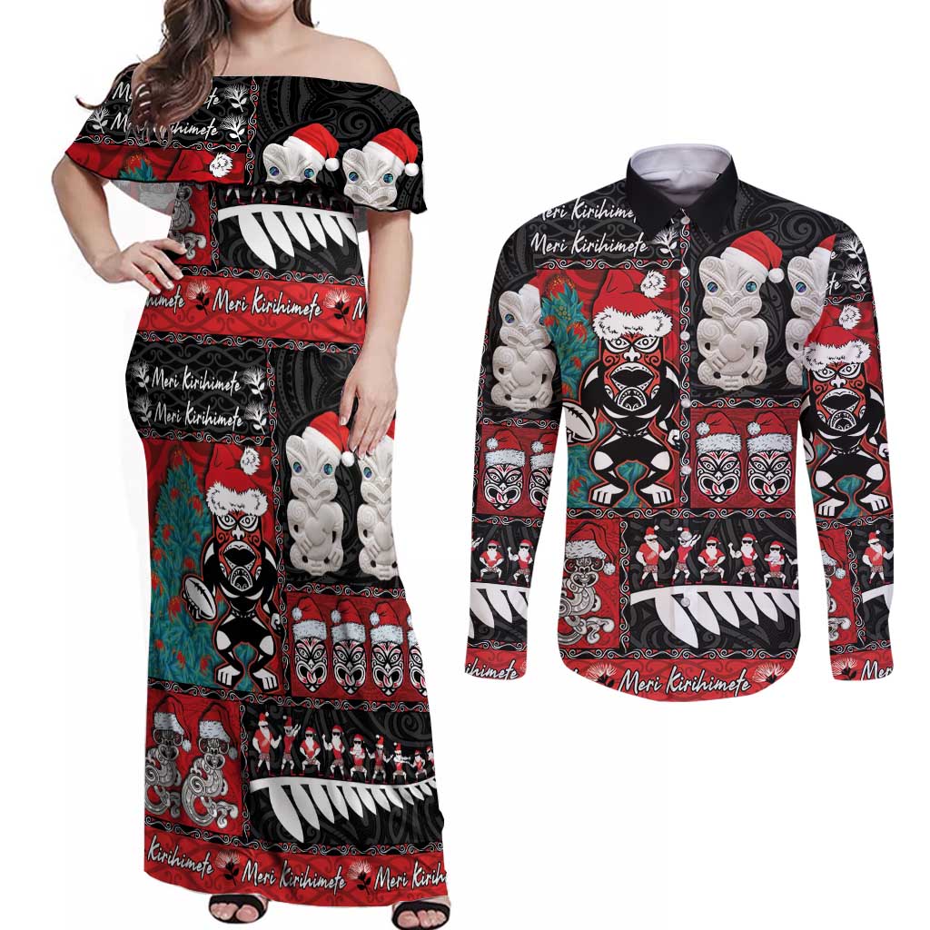 New Zealand Christmas Couples Matching Off Shoulder Maxi Dress and Long Sleeve Button Shirt Maori Christmas Spirit - Meri Kirihimete LT03 Black - Polynesian Pride