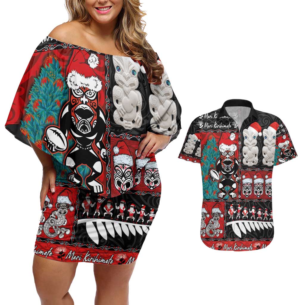 New Zealand Christmas Couples Matching Off Shoulder Short Dress and Hawaiian Shirt Maori Christmas Spirit - Meri Kirihimete LT03 Black - Polynesian Pride